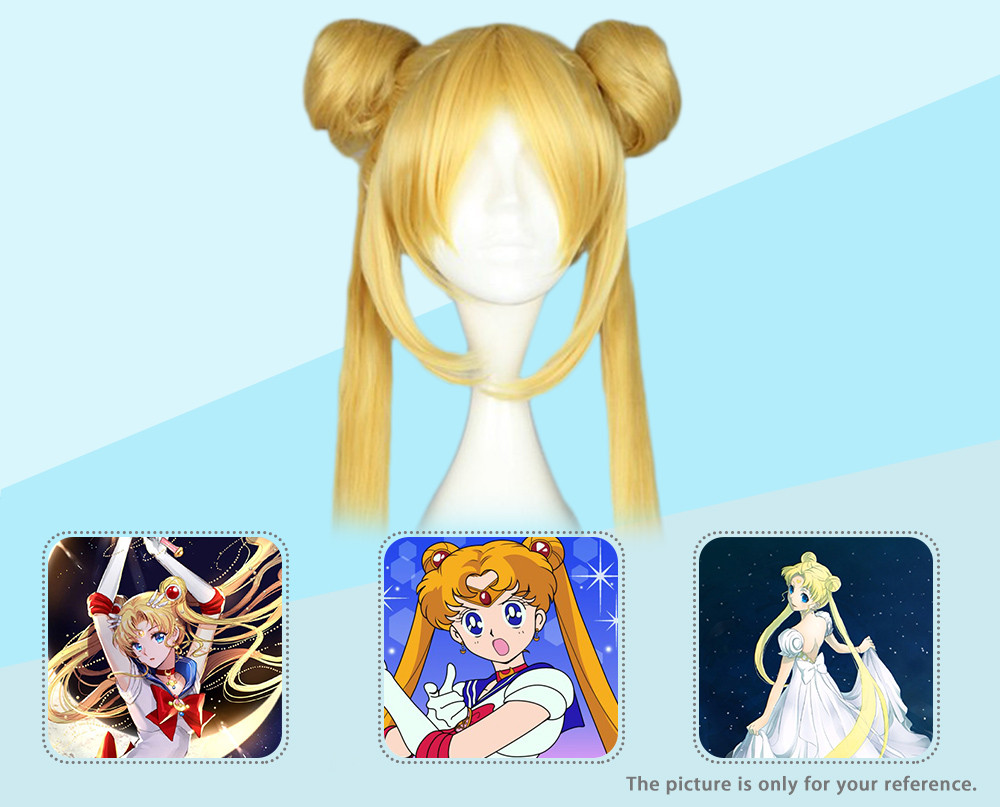 Women Long Yellow Wigs with 2 Ponytails Double Bun Hair Anime Cosplay for Sailor Moon Tsukino Usagi Figure